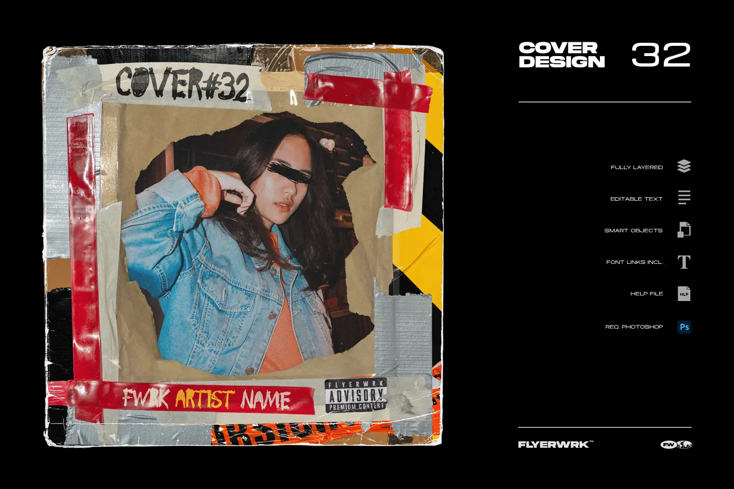 Mixed media album cover template with red duct tape accents and torn cardboard paper textures