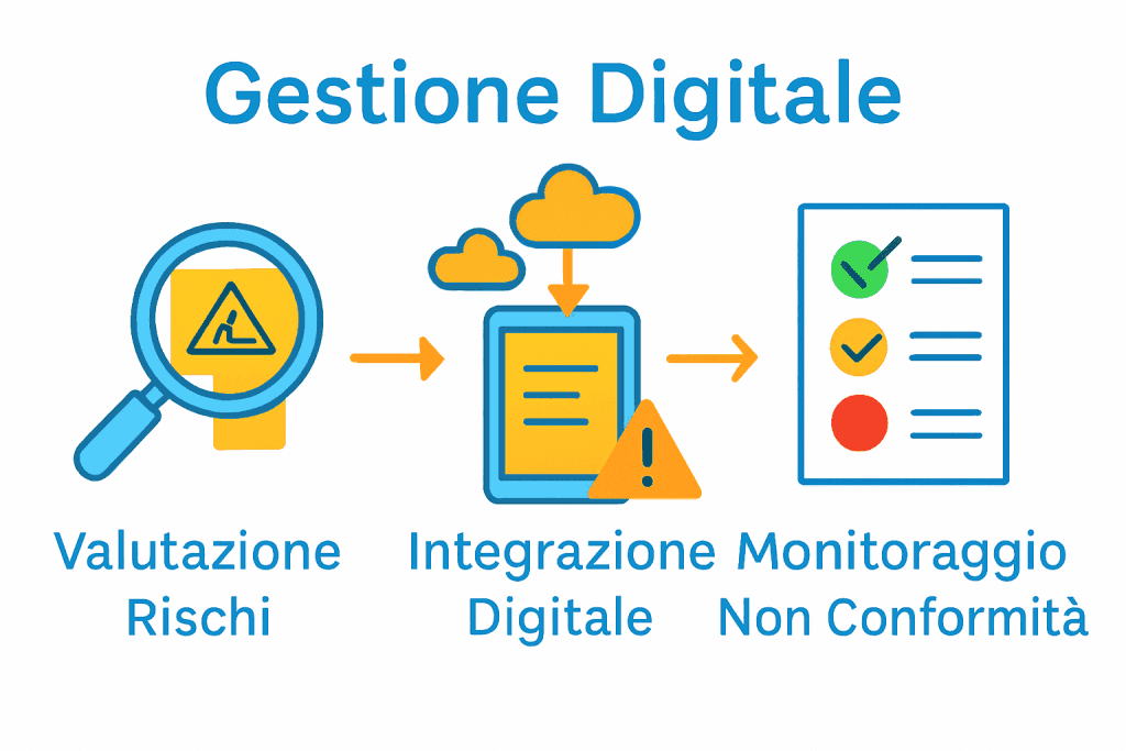 Infografica processi digitali sicurezza cantieri con supporto software sicurezza sul lavoro