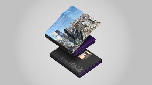 Présentation d'un livre d'art sur les Tours Duo du groupe BPCE. Le livre, à la couverture sombre et aux pages intérieures violettes, est ouvert et semble flotter, dévoilant des photos architecturales des gratte-ciels.