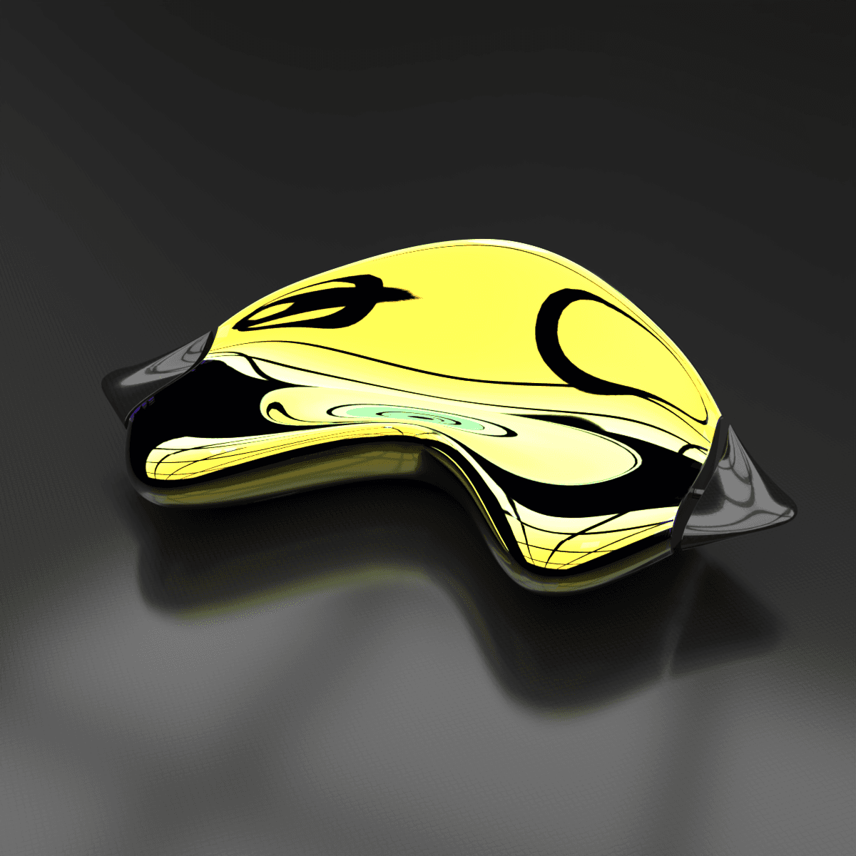 Yellow and black graphic Space Couch study revealed through a circular lens