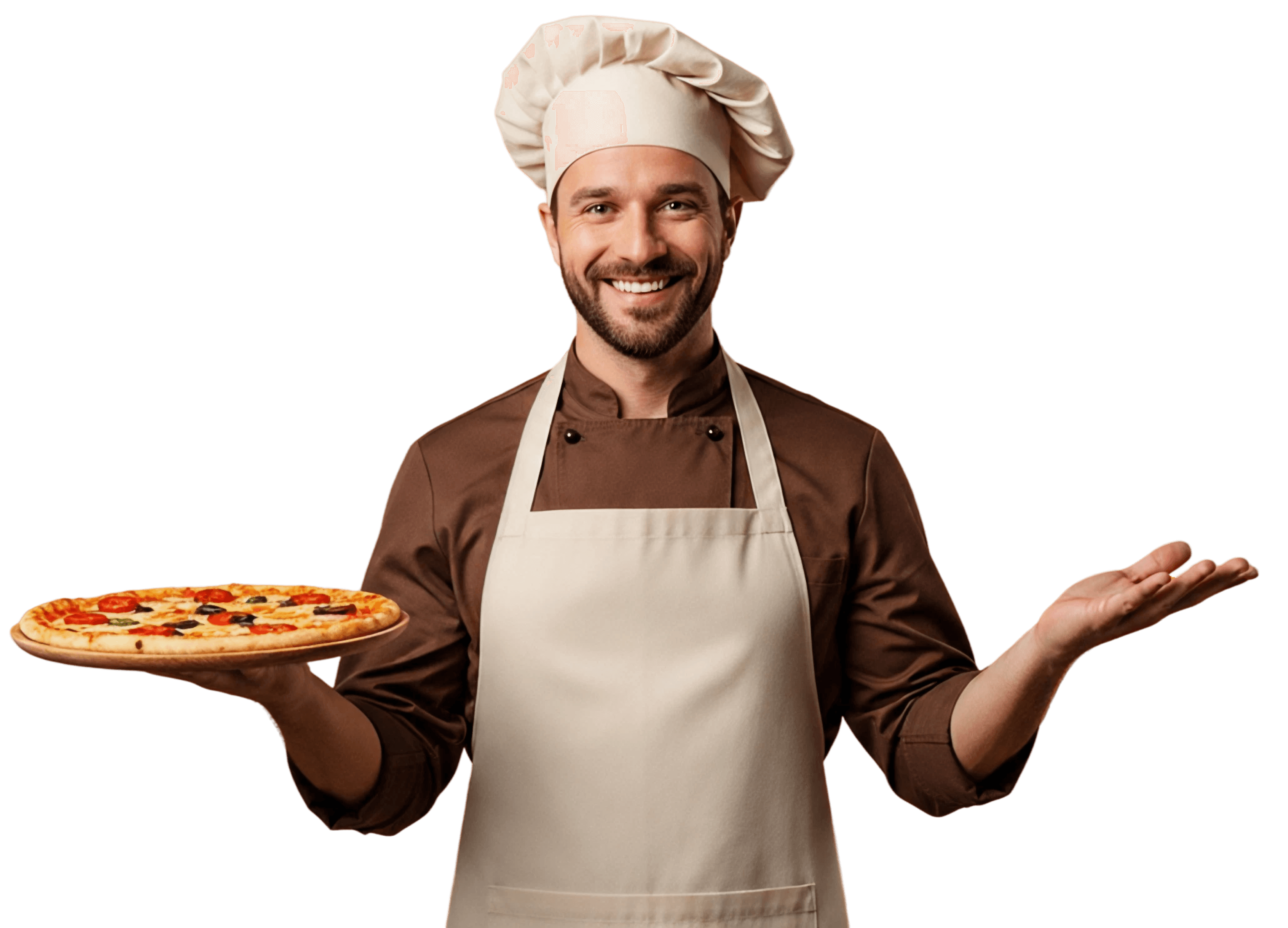 A smiling chef in a white hat and apron holds a pizza while gesturing with his other hand.