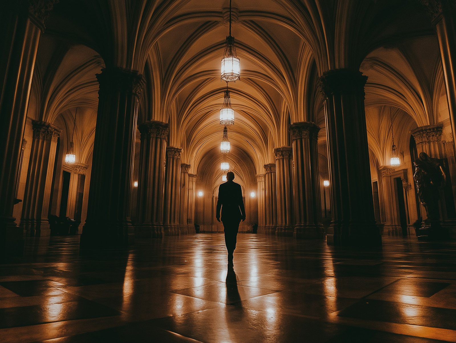Lone figure walking through a vaulted Gothic hall