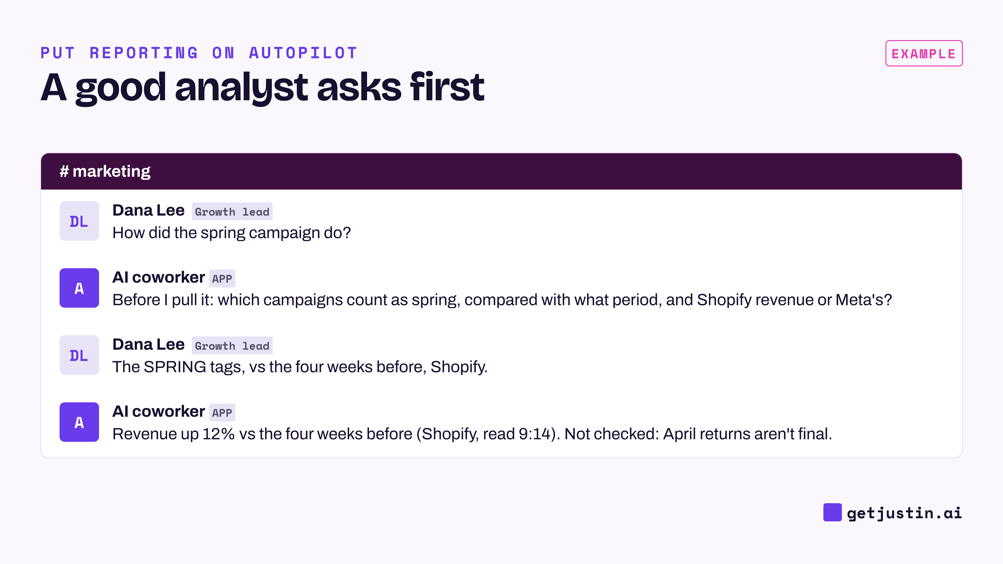 Example thread: asked how a campaign did, the AI coworker asks three scoping questions, then answers with a source and a gap.