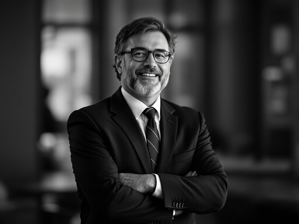 Black and white photo of a man in a suit