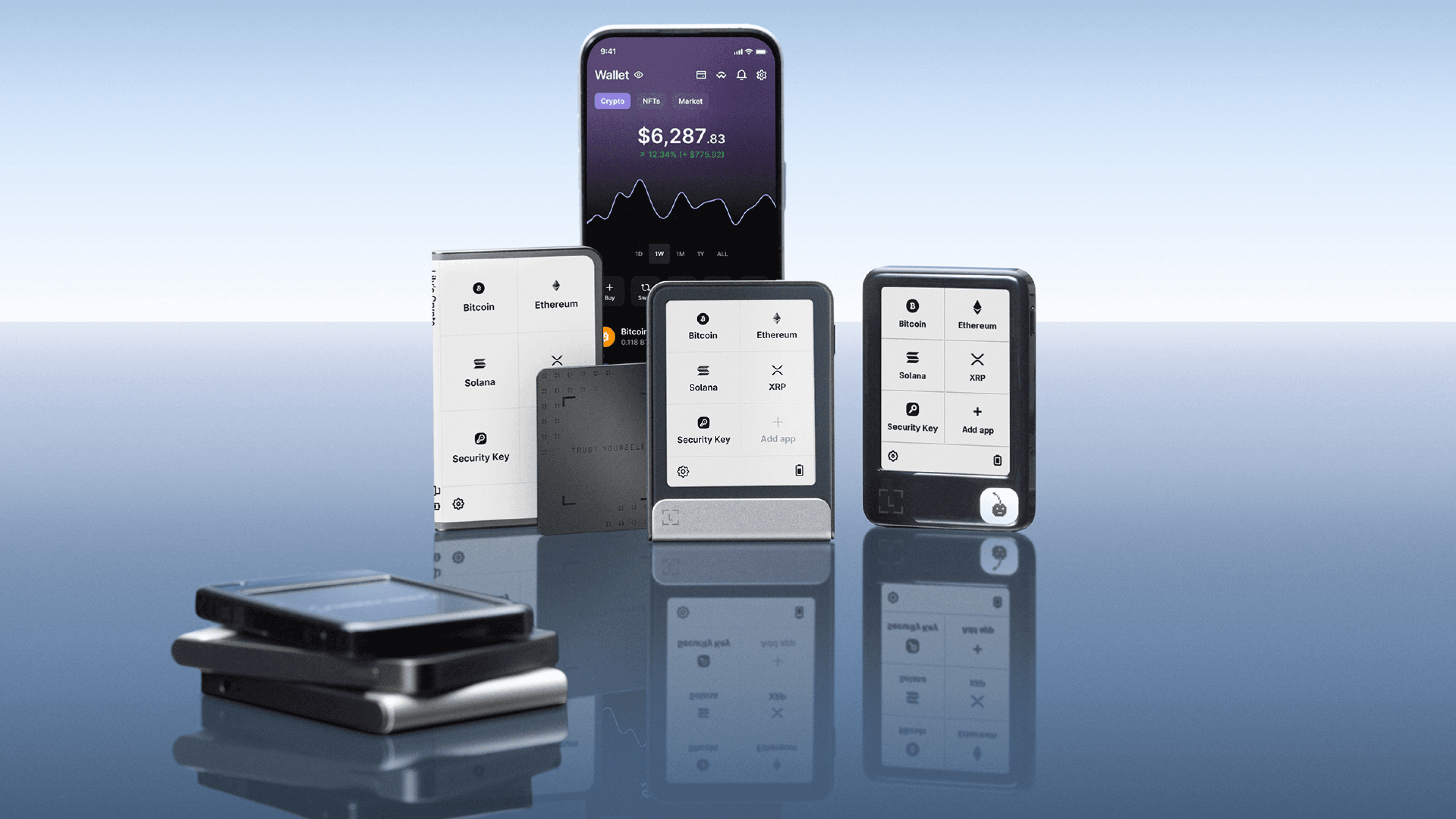 Visuel de la famille Ledger avec un Ledger Nano Gen5, Ledger Flex et Ledger Stax