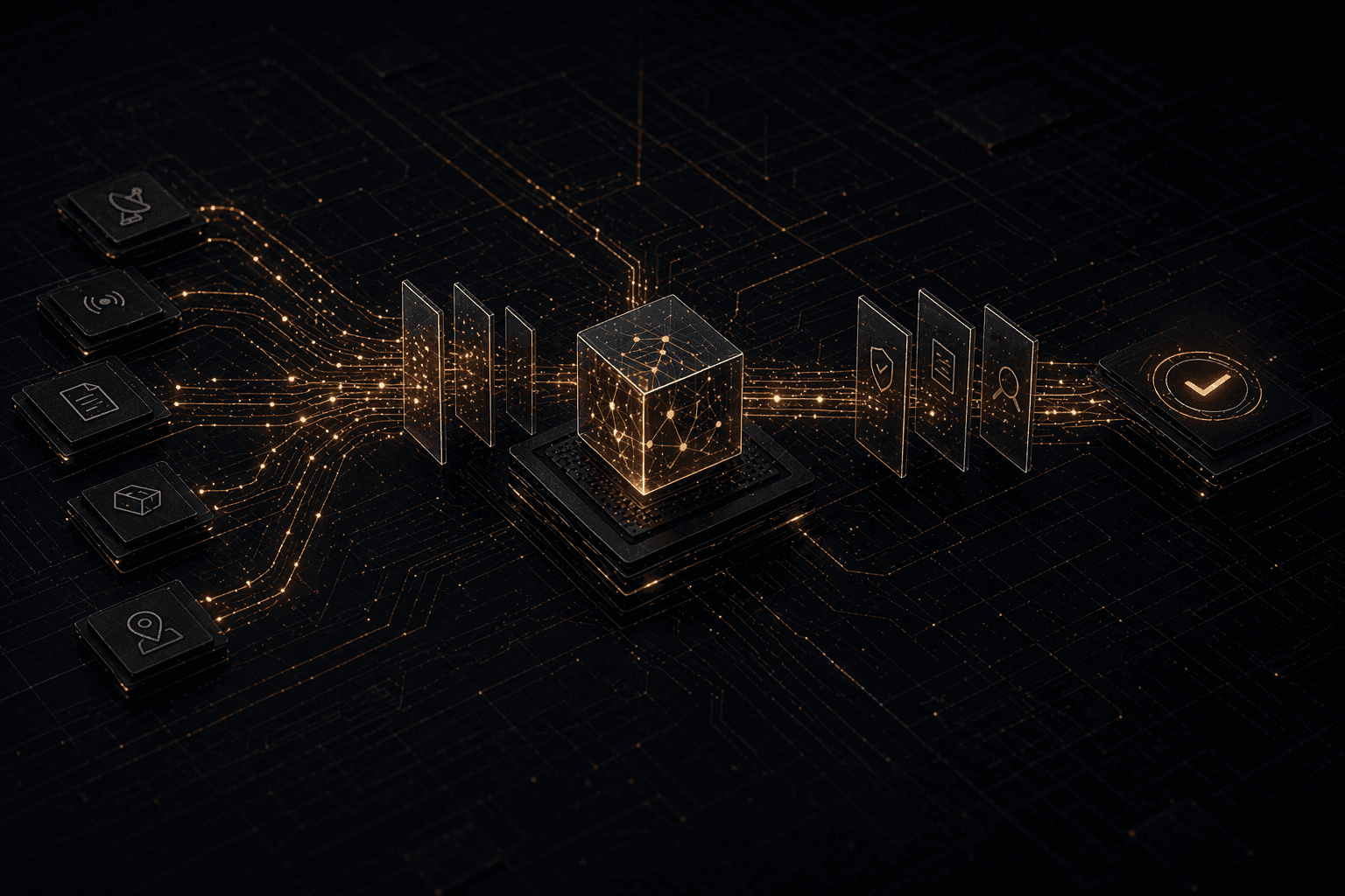 Abstract dark cybernetic motherboard scene with a glowing central processing cube connected to stacked input modules and a downstream decision chain, representing signal-to-decision traceability, governed data flow, and reviewable operational logic.