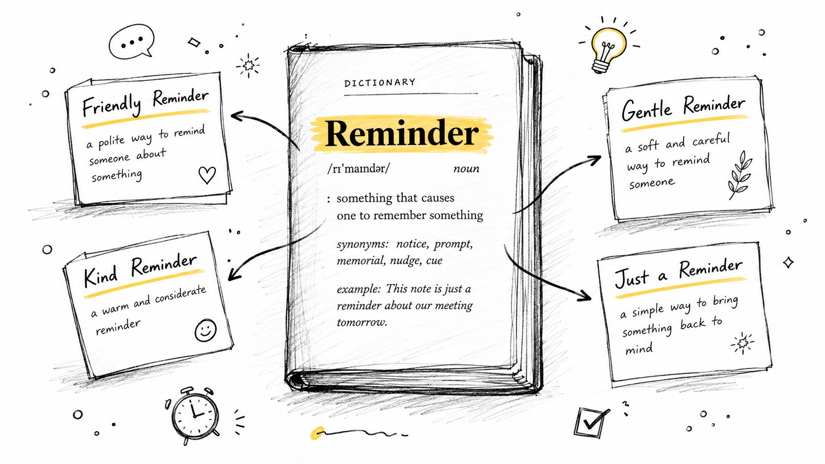 A hand-drawn dictionary entry defining reminder with sticky notes showing different ways to express reminders politely.