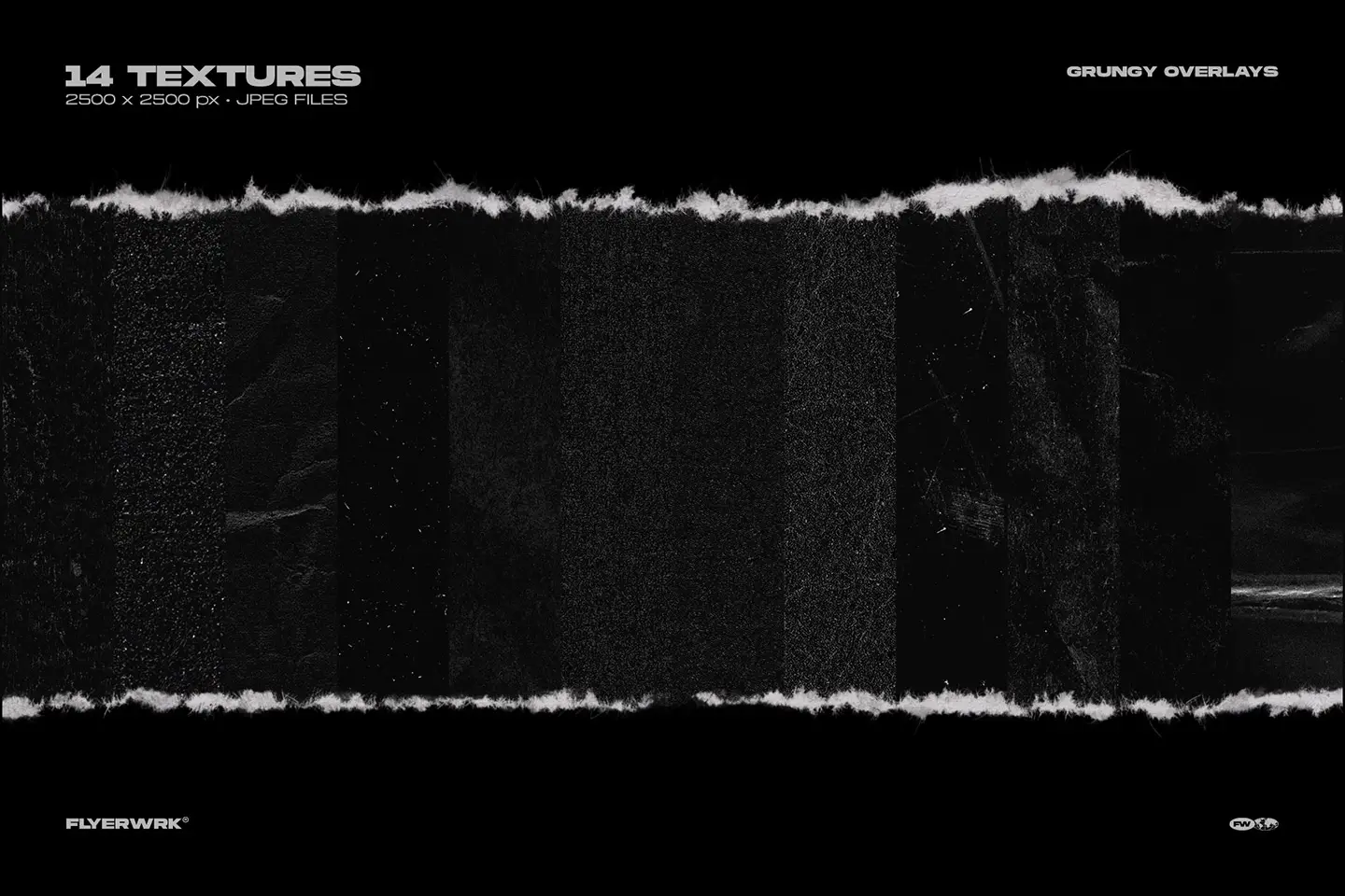 Fourteen dark grungy paper textures used for creating layered overlays with a realistic torn paper aesthetic