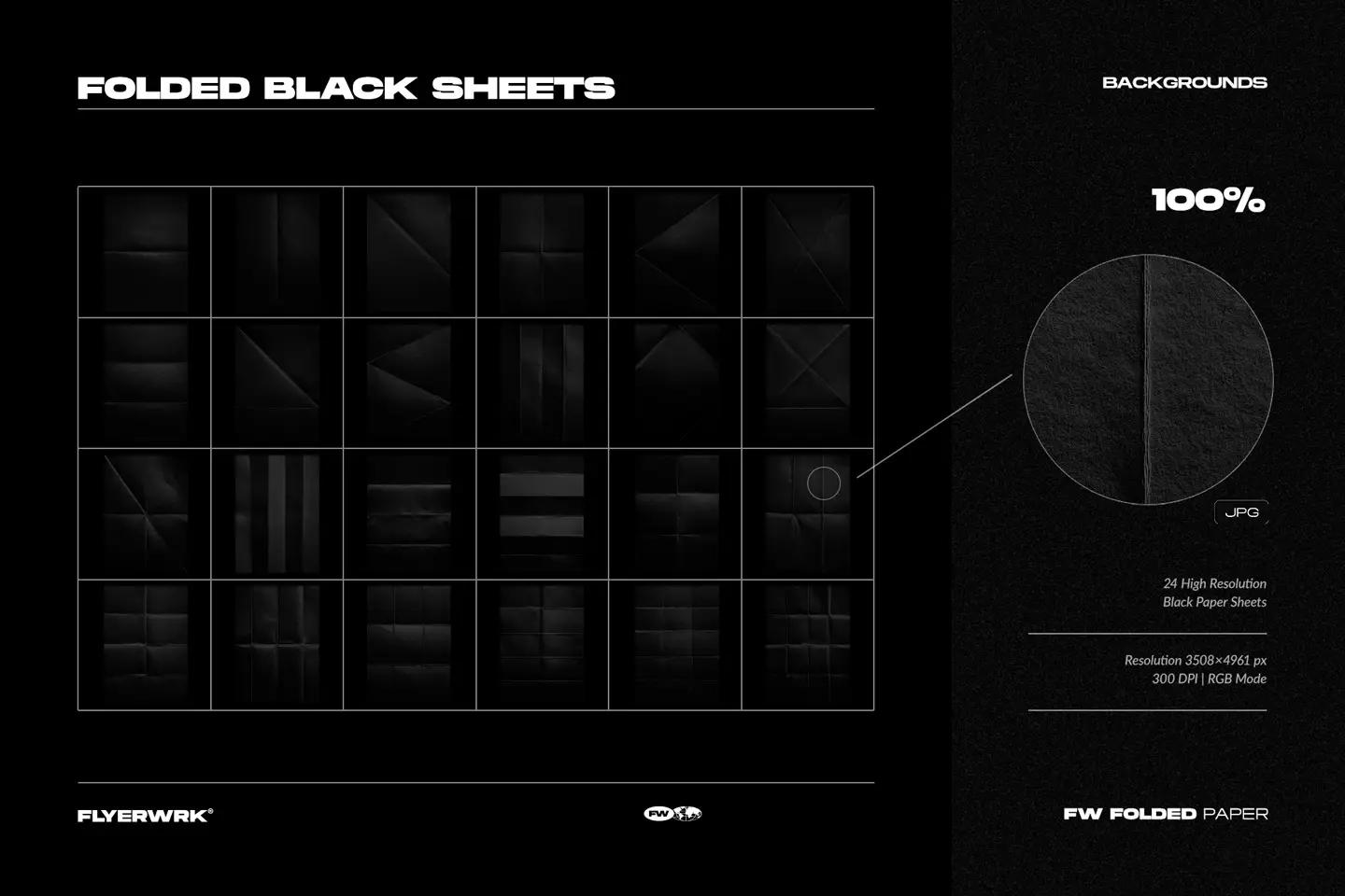 Pack of twenty four black folded paper sheets backgrounds featuring high resolution realistic creased surfaces