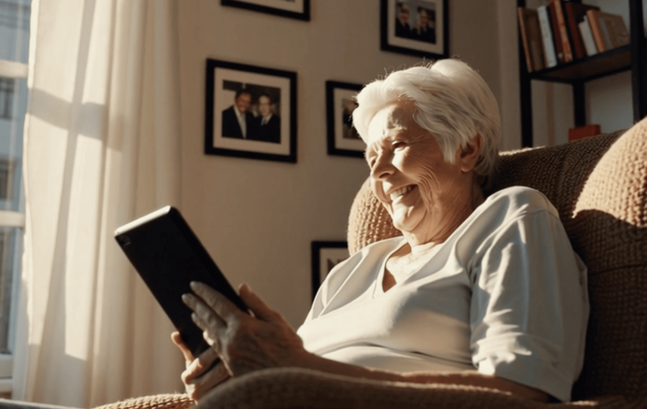 Grandmother smiling while using Glimpse on a tablet to speak with a deceased loved one.