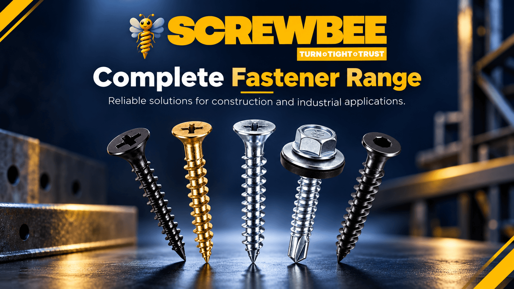 ScrewBee fastener range showing drywall, chipboard, self drilling and flat head Allen screw options