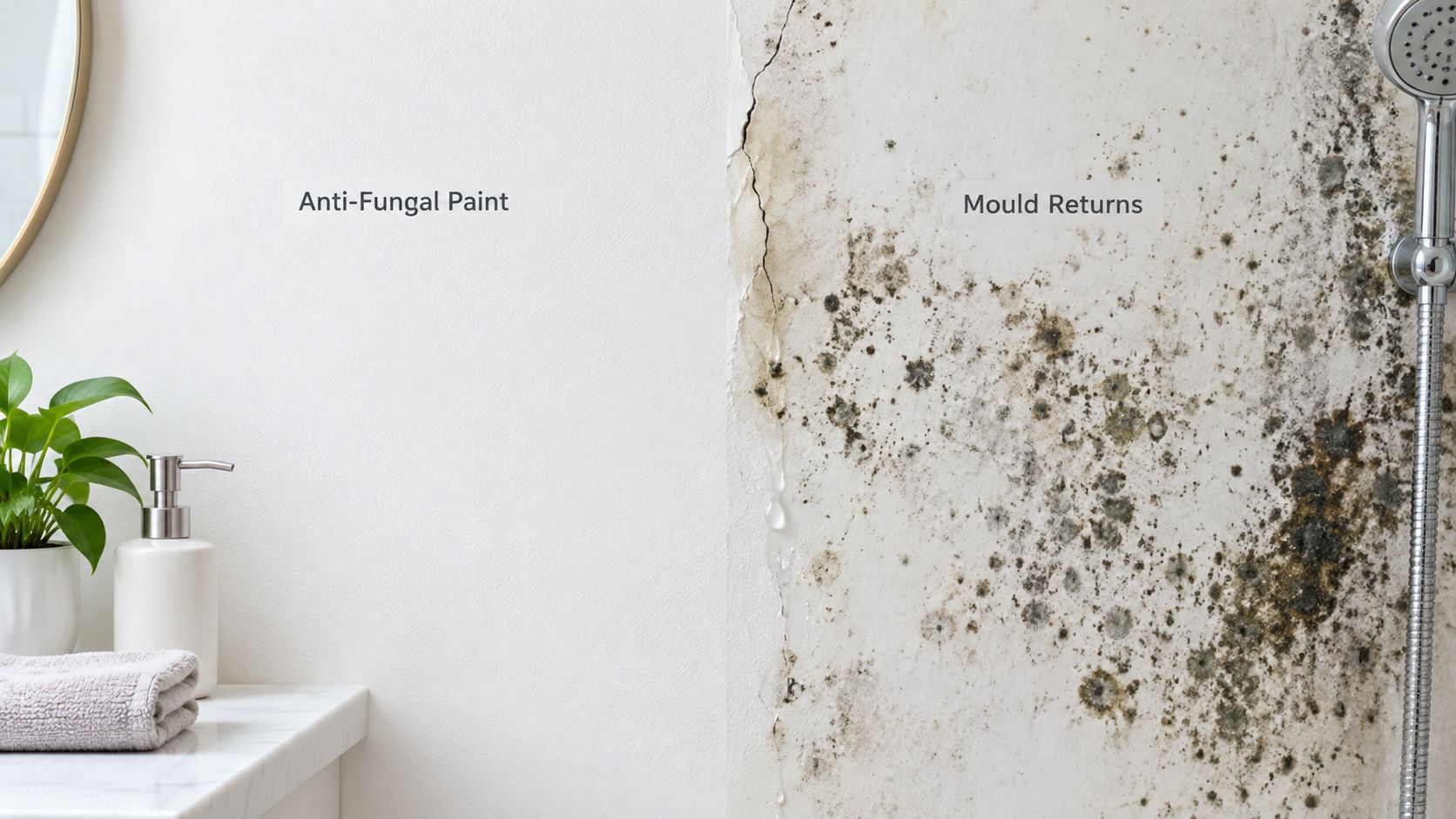 A side by side bathroom wall comparison showing clean anti-fungal paint versus a cracked wall with mould.