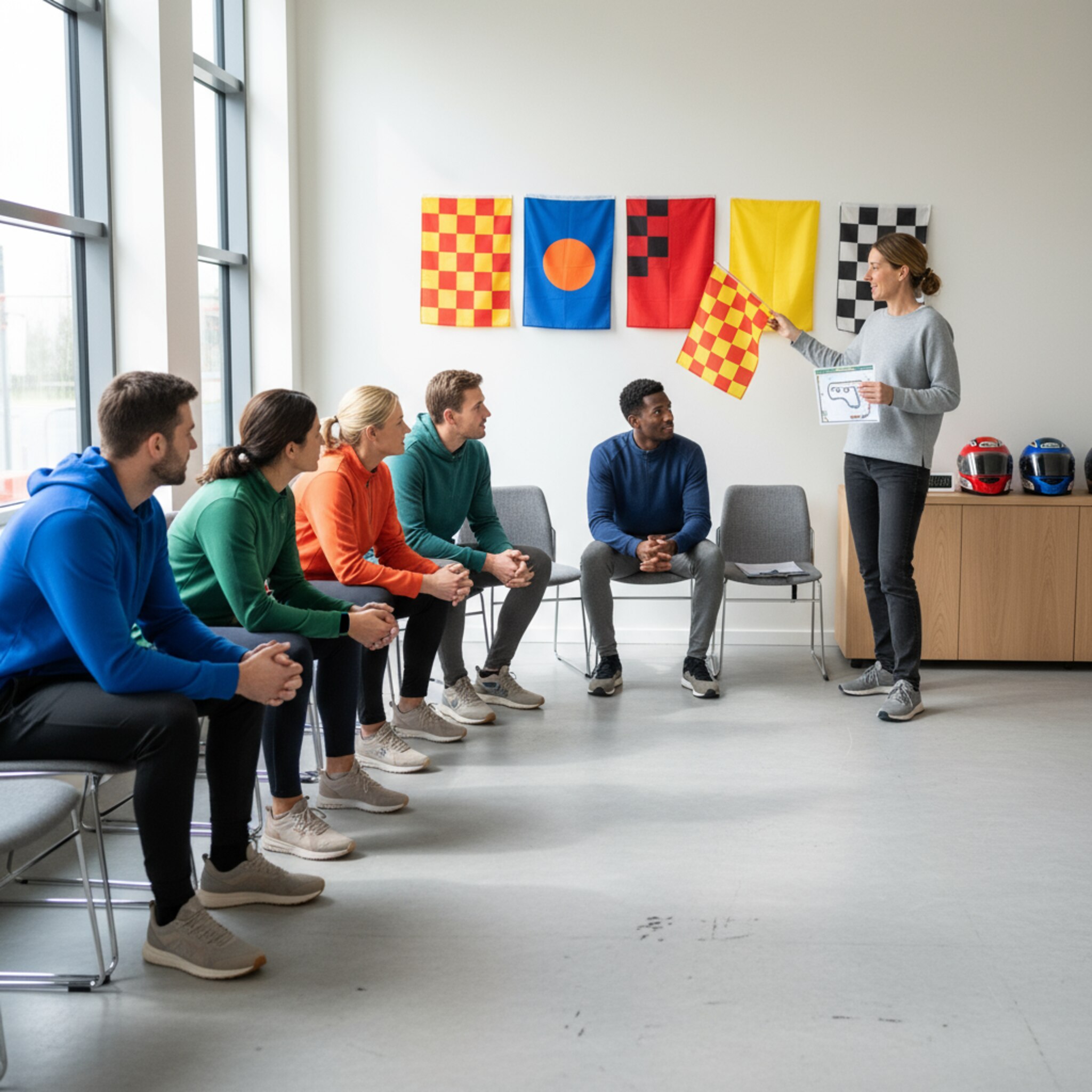 Ein ruhiger Briefingraum mit sauber aufgestellten Stühlen, an der Wand hängen farbige Streckenflaggen. Eine Instruktorin zeigt auf eine Flagge, die Gruppe folgt aufmerksam. Das Licht fällt weich durch hohe Fenster, Helme stehen ordentlich auf einem Sideboard bereit.