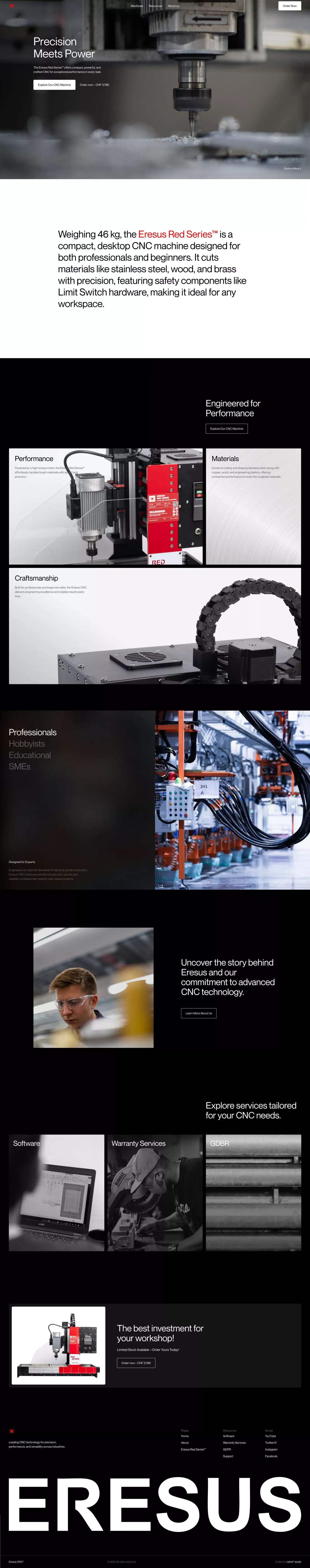 Eresus CNC landing page screenshot showcasing Tech design