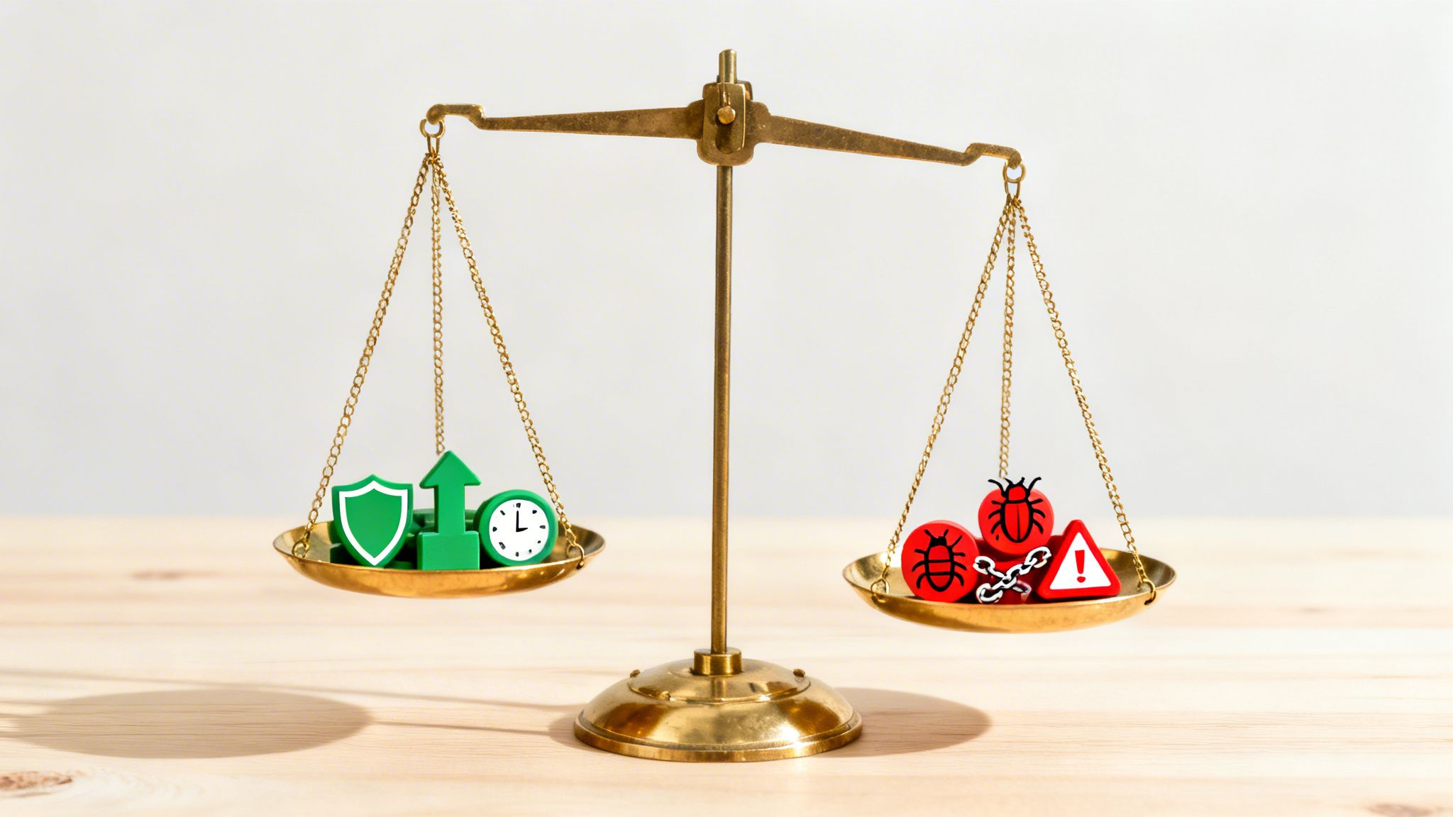 A balance scale with green security and efficiency icons on the left and red risk icons on the right.