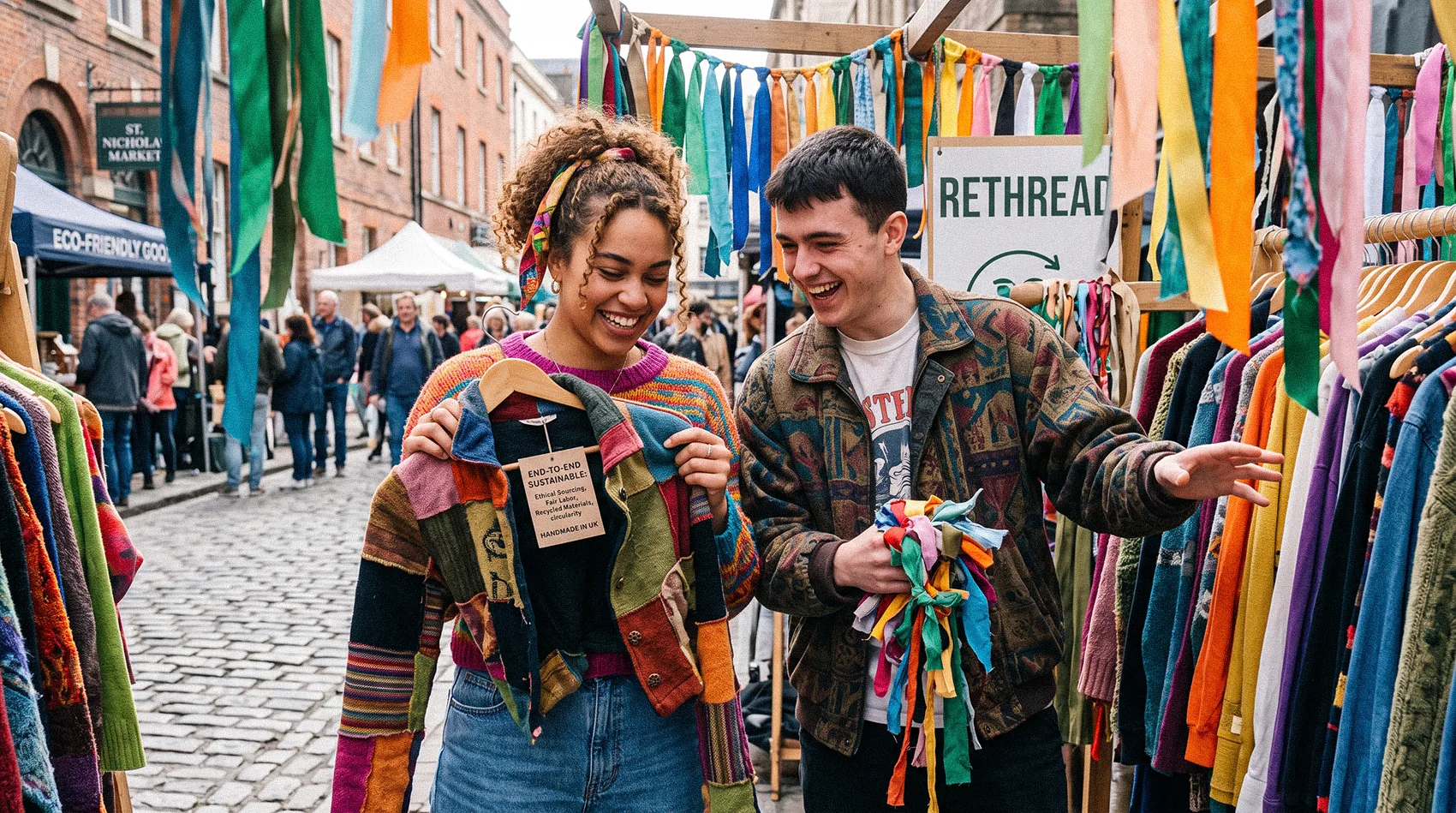 Gen Z couple laughing choosing upcycled patchwork jacket at Rethread market Bristol - end-to-end sustainable ethical sourcing