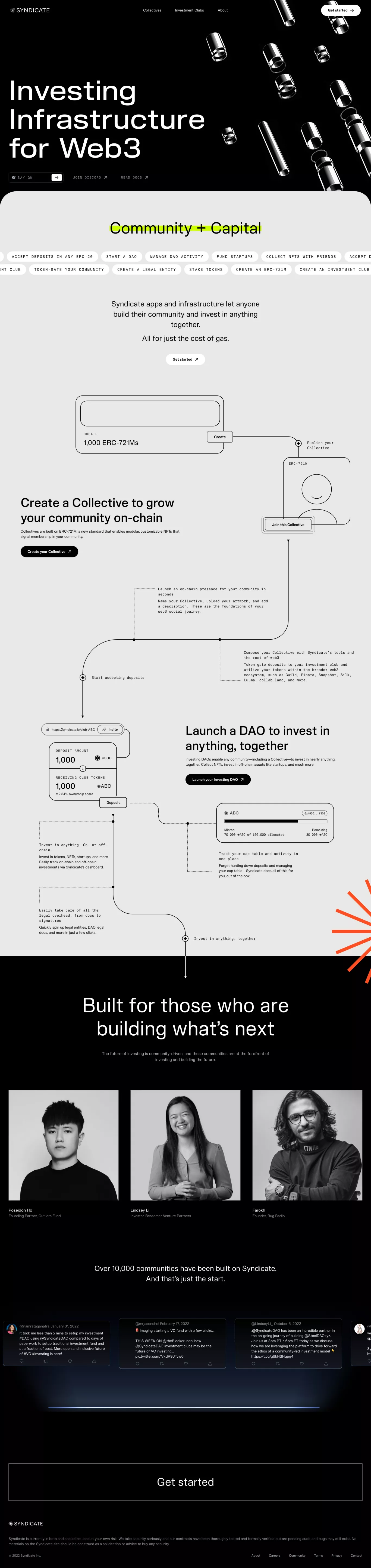 Syndicate landing page screenshot showcasing Tech and NFT / Crypto / Web3 design