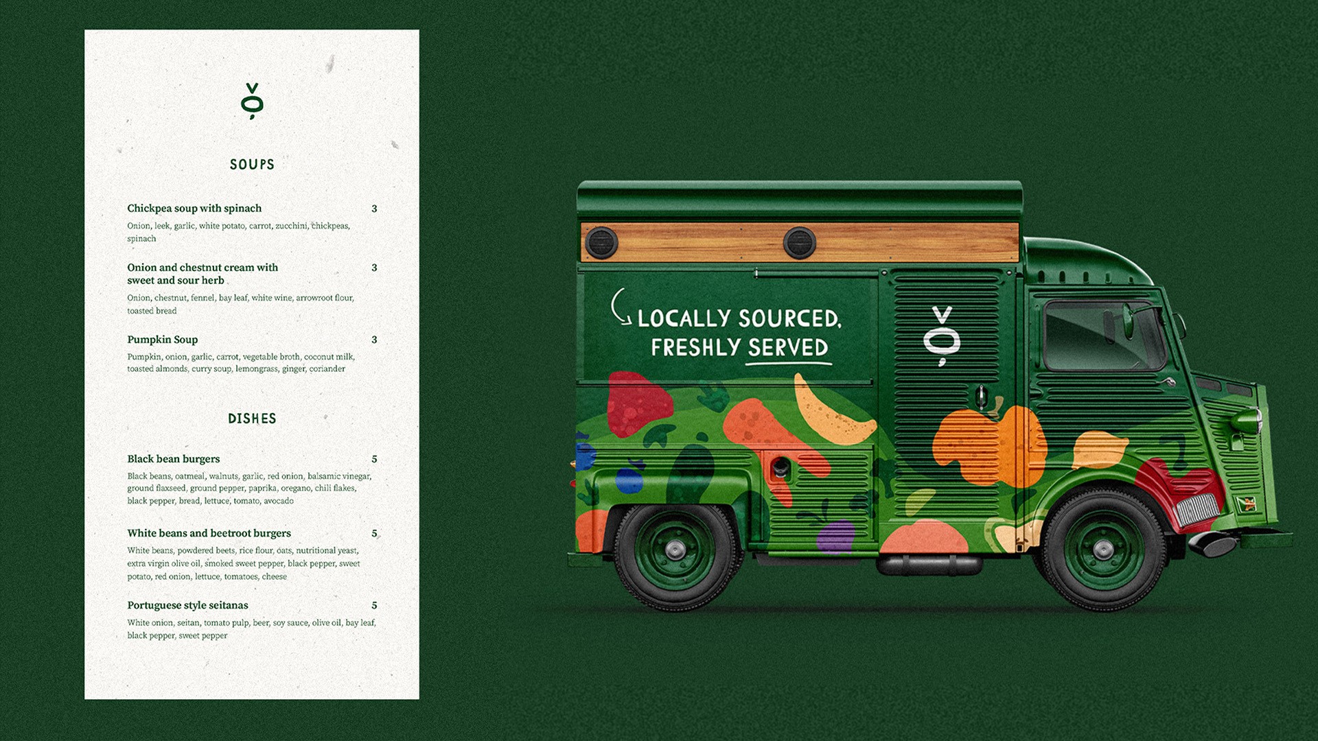 Goroot plant-based menu beside the brand's green 'locally sourced, freshly served' food truck
