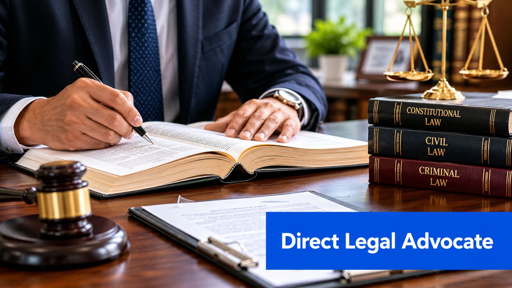 A professional lawyer in a suit writing in a law book at a wooden desk with a gavel.