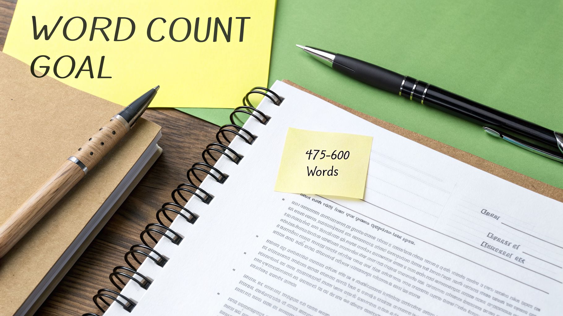 A desk with a sticky note saying 'WORD COUNT GOAL' and another '475-600 Words' on a notebook with pens.