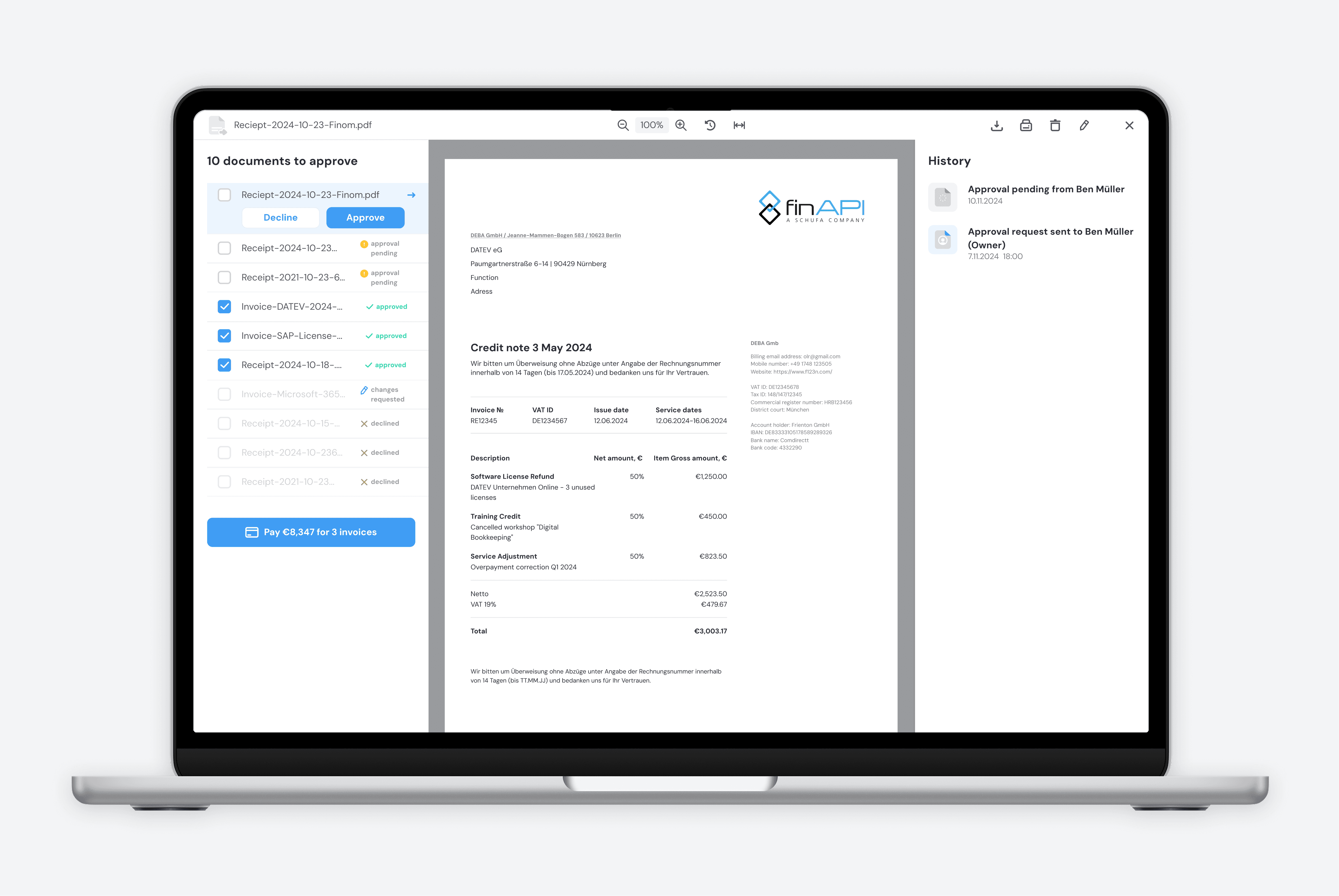 Frienton payment approvals interface on laptop showing 10 documents to approve list with Decline/Approve buttons, invoice preview displaying FinAPI credit note, and approval history panel on the right