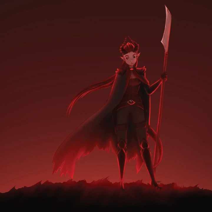 The painting of a tiefling woman standing on a hill carrying a naginata, illuminated from behind by a red light.