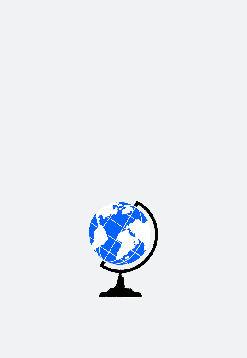 A blue and white globe on a black stand, representing Earth and global geography.