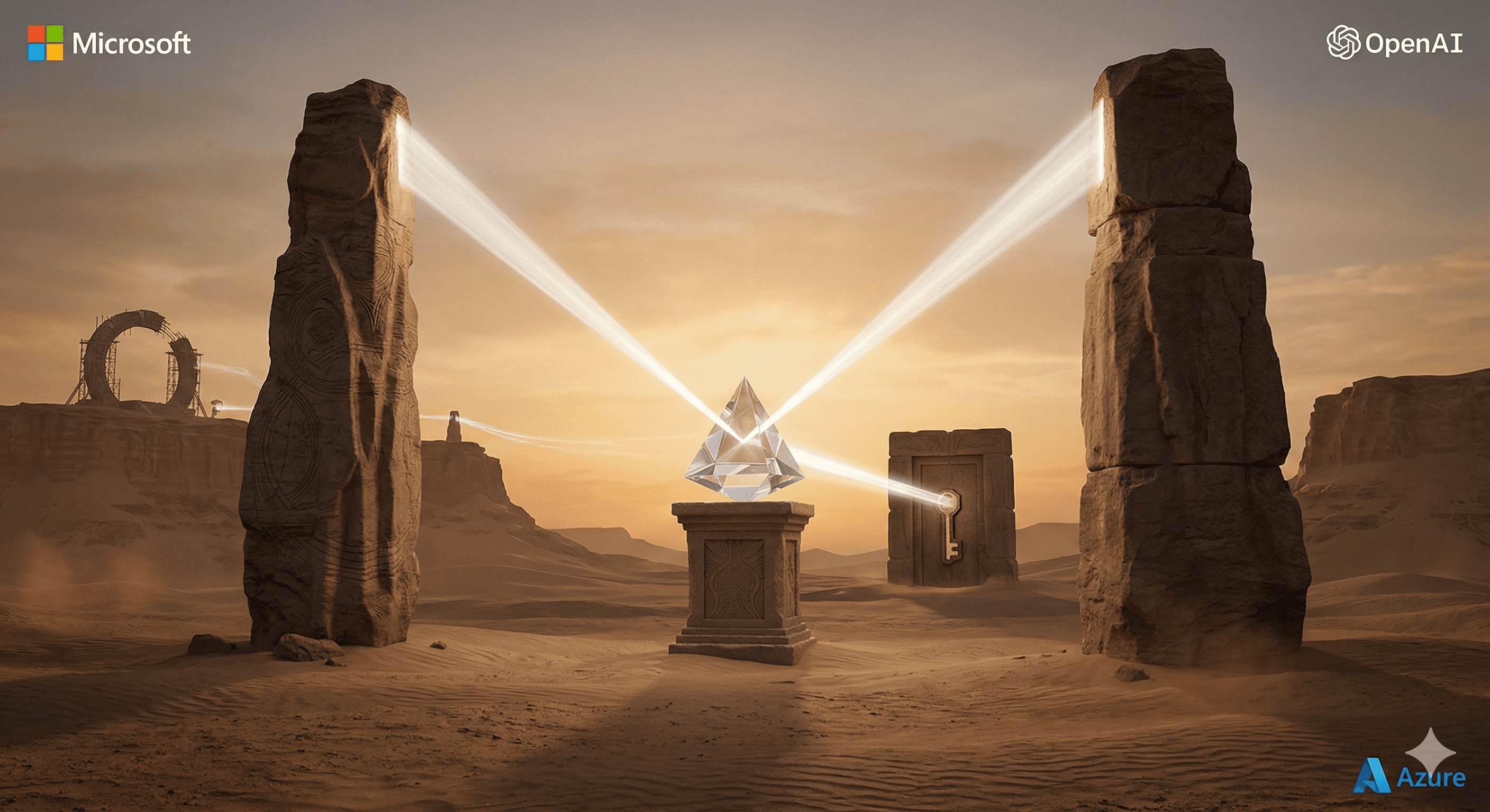 Ancient stone pillars stand under a sunset sky in a desert landscape, with beams of light converging on a central glowing crystal, hinting at the futuristic potential of the OpenAI and Microsoft partnership in 2026.