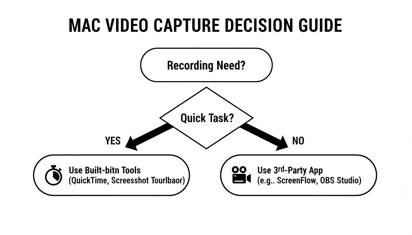 Flowchart guiding Mac users on video capture tool selection: built-in for quick tasks, third-party for complex.