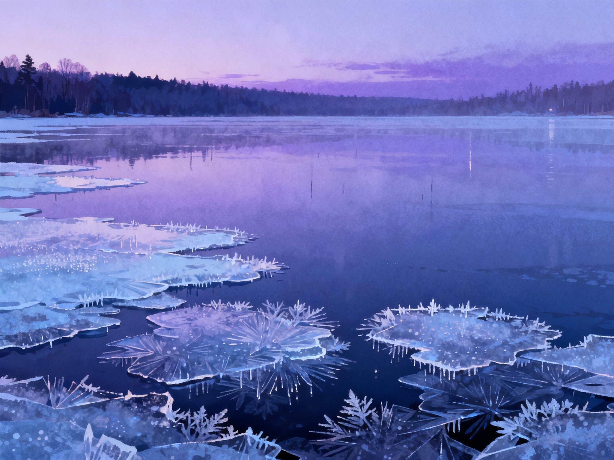A fine-art illustration in a format depicting a frozen lake scene at twilight, with delicate sheets