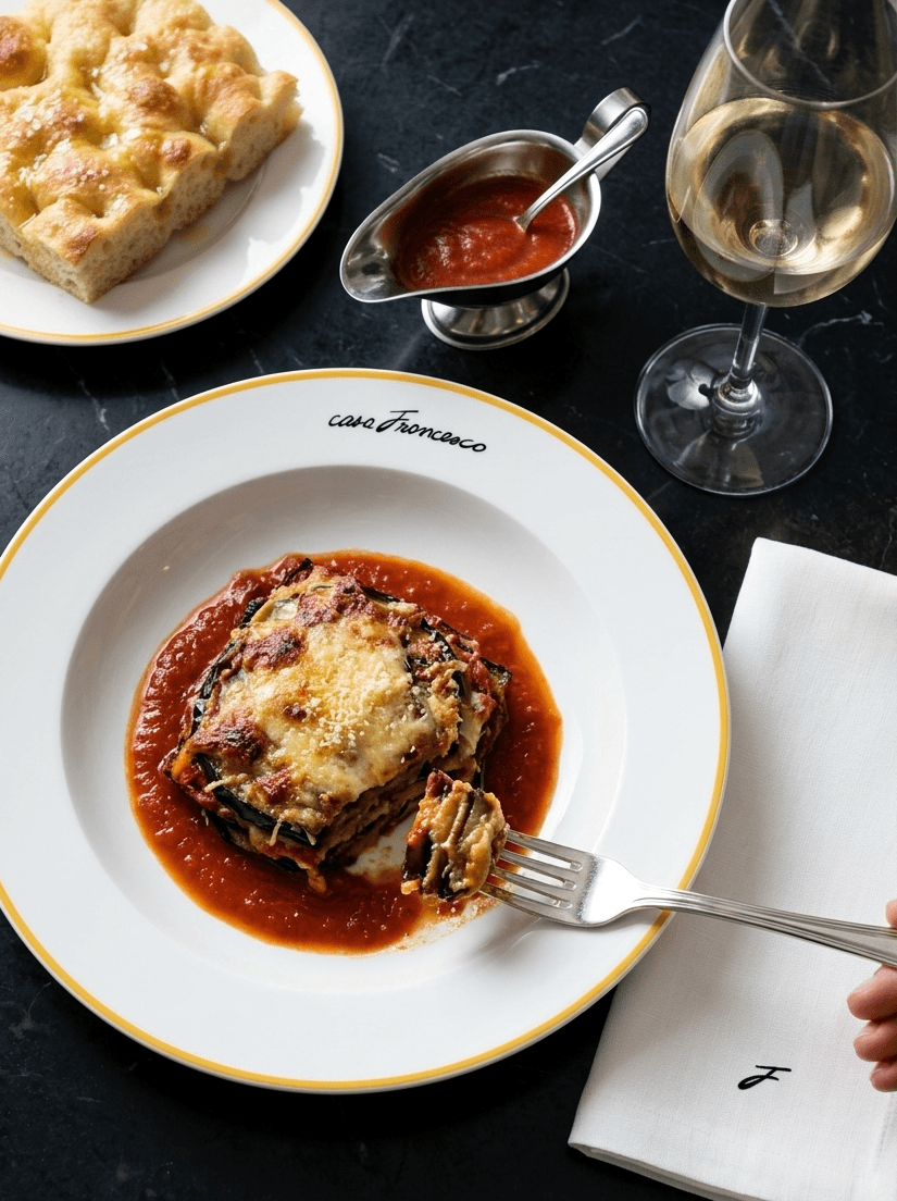 Plato de parmigiana de berenjena con salsa de tomate, focaccia y una copa de vino blanco sobre la mesa.