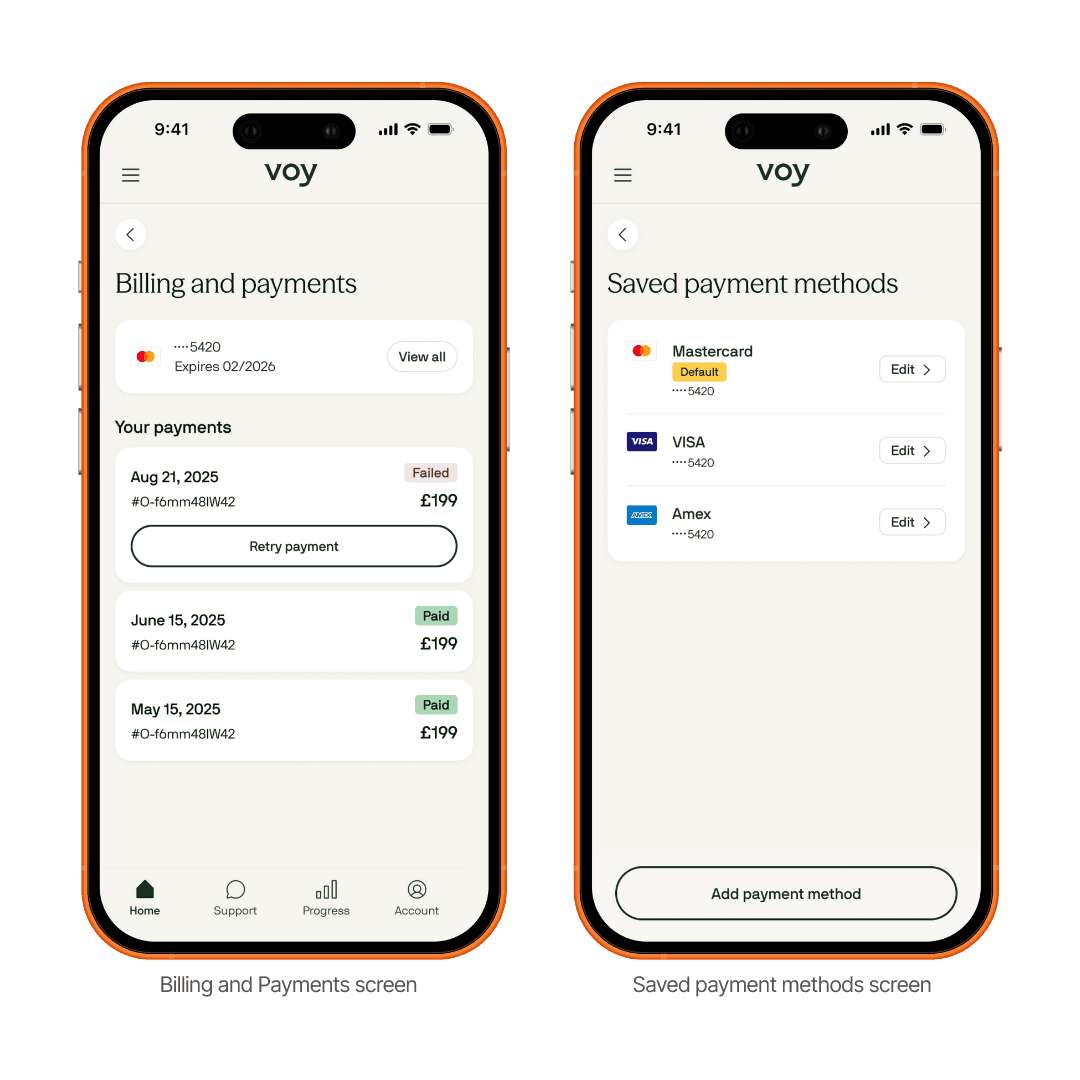This image presents all screens of billing and payments regarding the saved payment methods