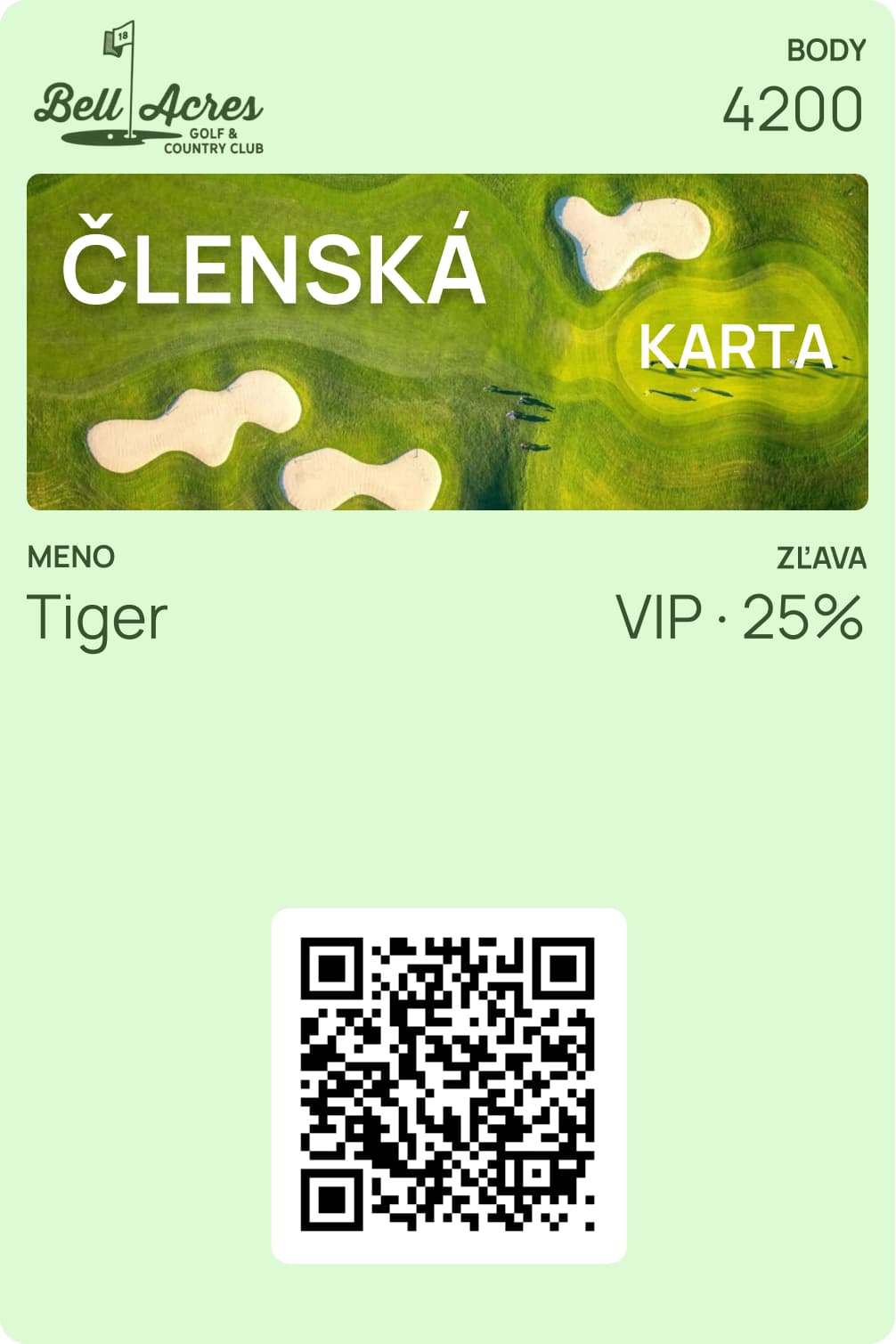 Členská karta golfového klubu Bell Acres Golf & Country Club. Elegantný zelený dizajn s leteckým pohľadom na golfové ihrisko s pieskovými bunkermi. Meno Tiger, 3100 bodov, VIP úroveň s 10% zľavou.