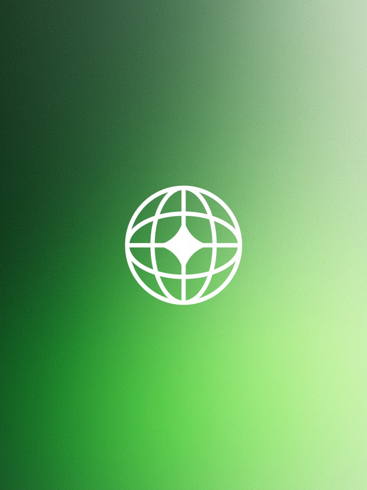 A large white globe grid icon alone, centred on a vertical lime-to-forest green gradient.