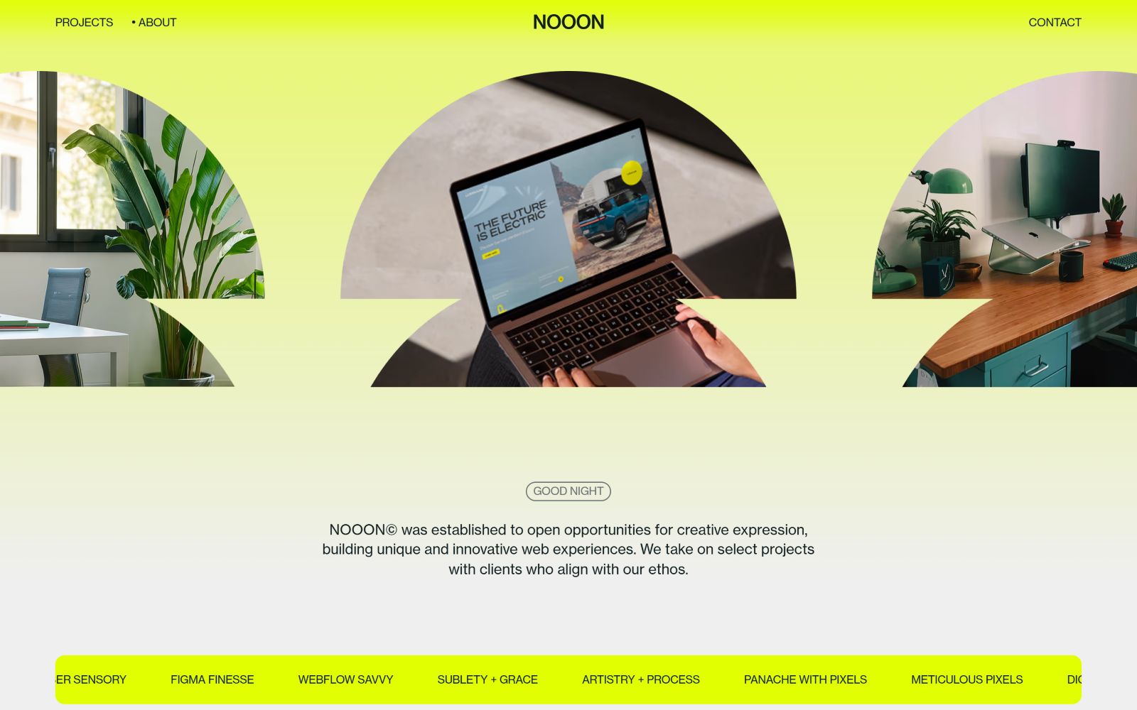 Laptop displaying a website, flanked by potted plants and desk setups. Text: "NOOON was established to open opportunities...