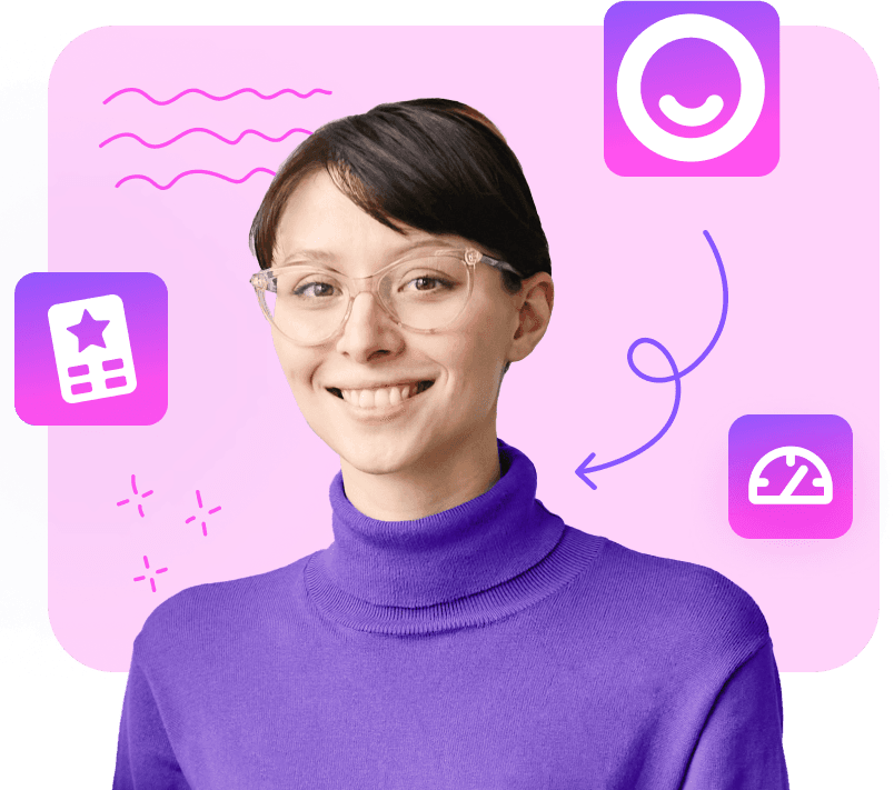 An arrow points to a smiling woman with Stylo app icons floating around her.