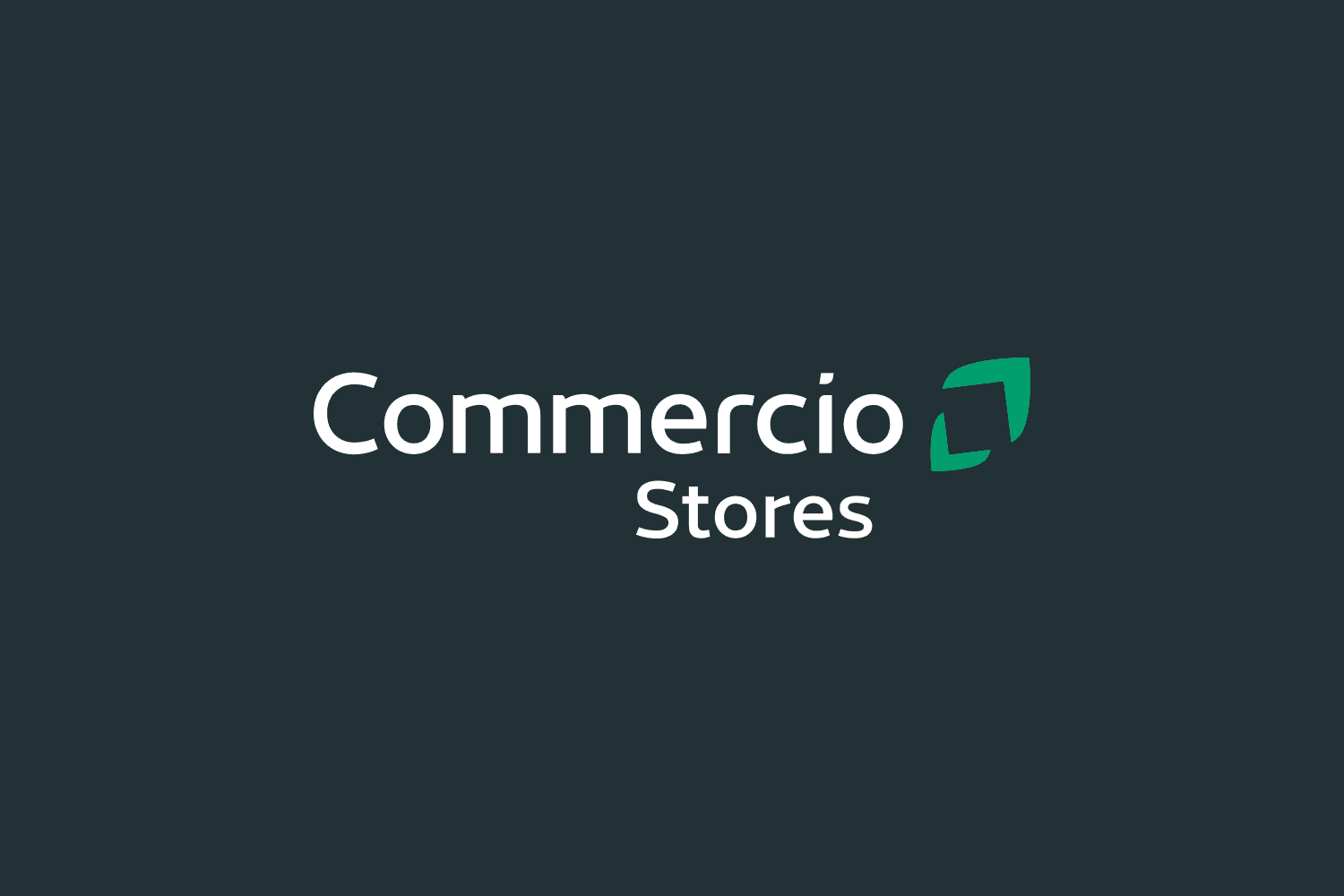 Commercio Stores logo, featuring the company name in white text on a dark background, with a green stylized square mark to the right.
