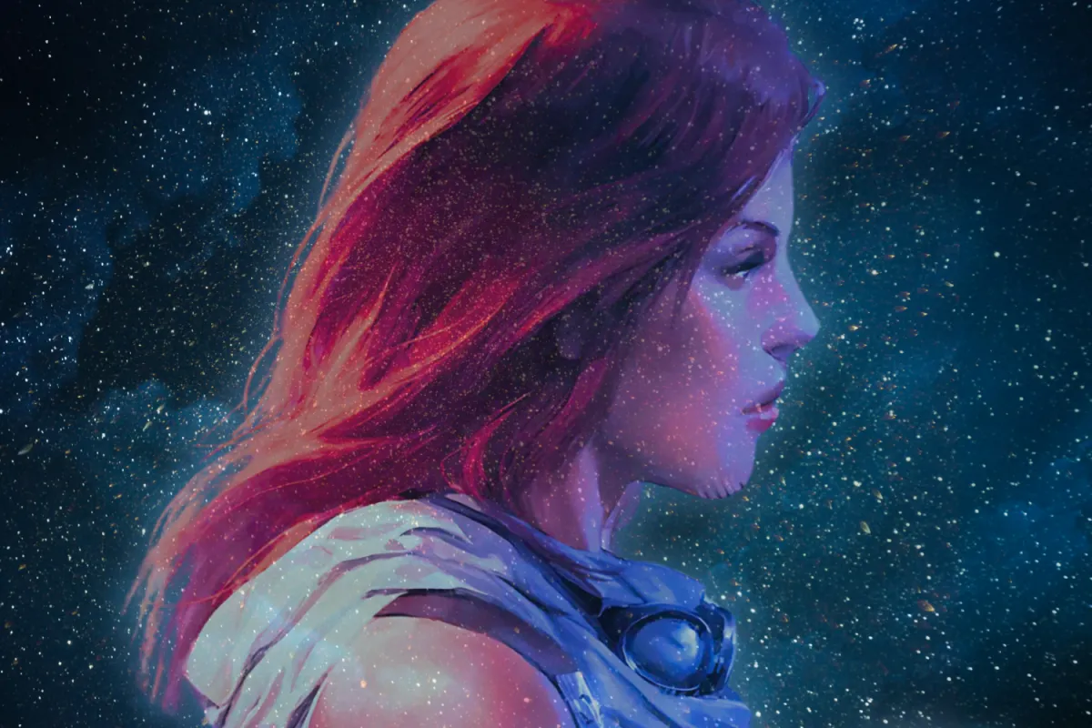 A stylized artistic rendering of Mara Jade gazing into the starry expanse, symbolizing her uncertain future in the Star Wars universe. Her iconic red hair flows into the cosmic backdrop, blending her legacy with the mysteries of the galaxy.