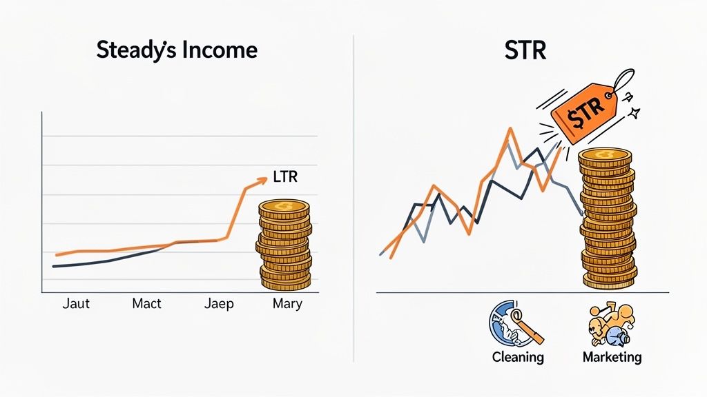 Comparison of steady, long-term rental income (LTR) with volatile short-term rental (STR) income, showing associated costs.