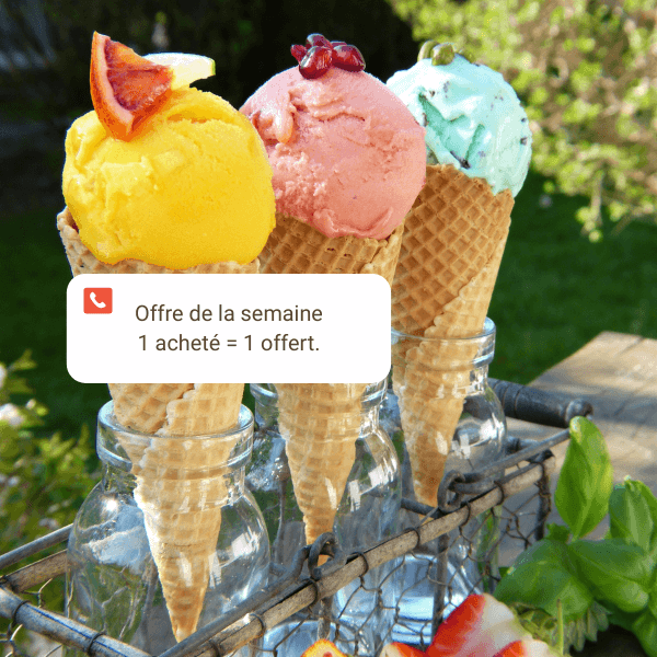 Notification Gling d’un glacier local annonçant l’offre « 1 acheté = 1 offert », illustrée par des coupes de glaces pastel.