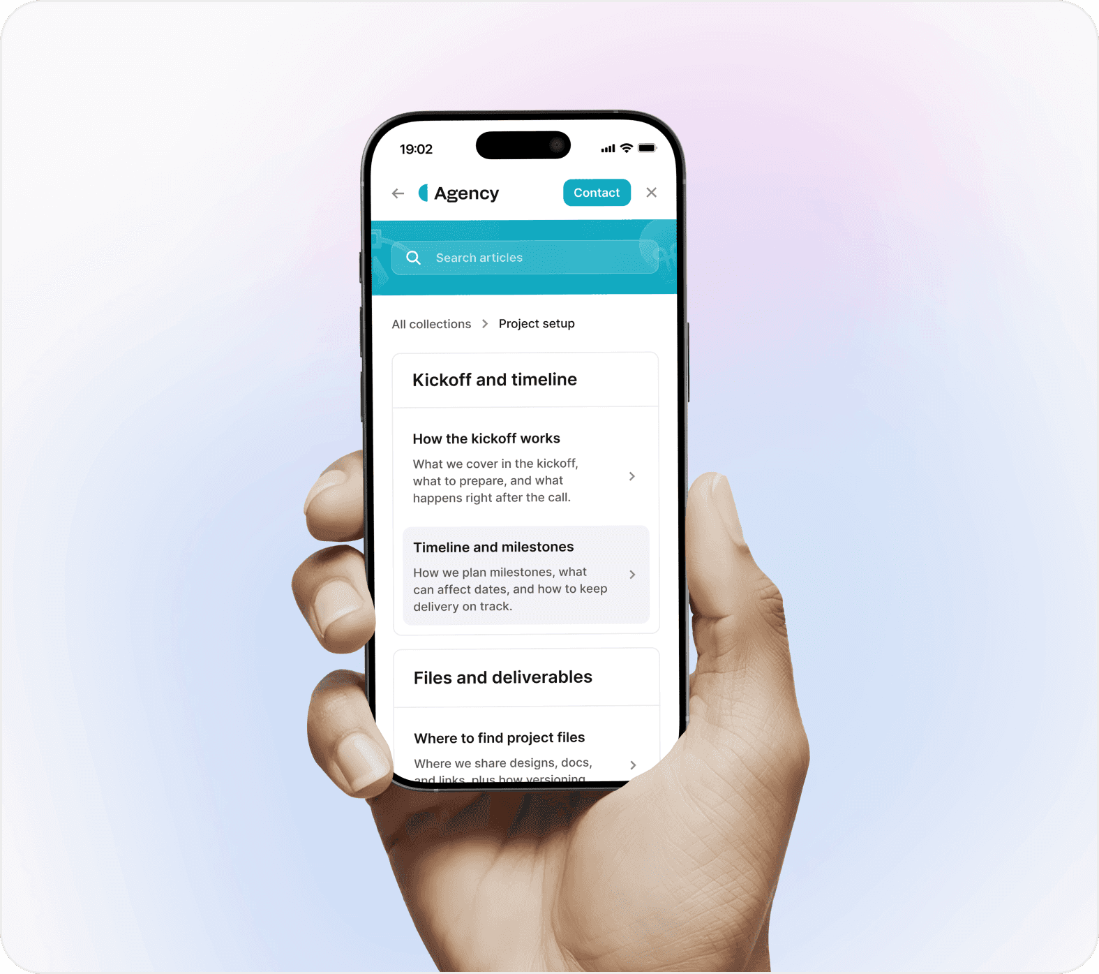 Mobile view of an agency help center showing project kickoff timeline and deliverables documentation.