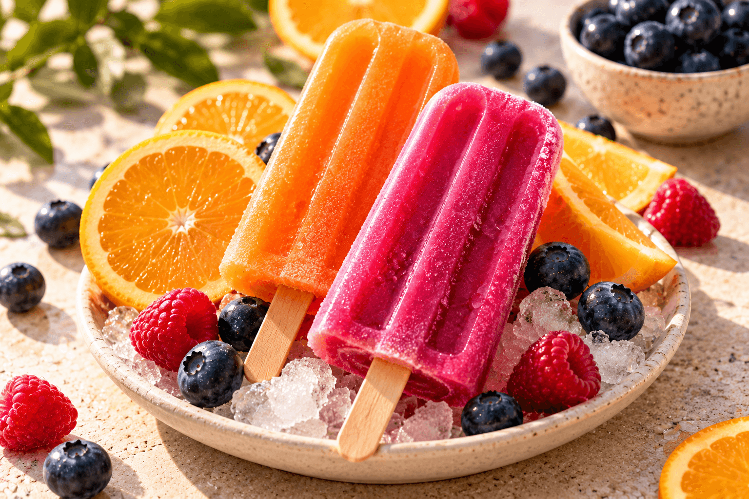 Orange and berry popsicles served over ice with citrus slices and berries.