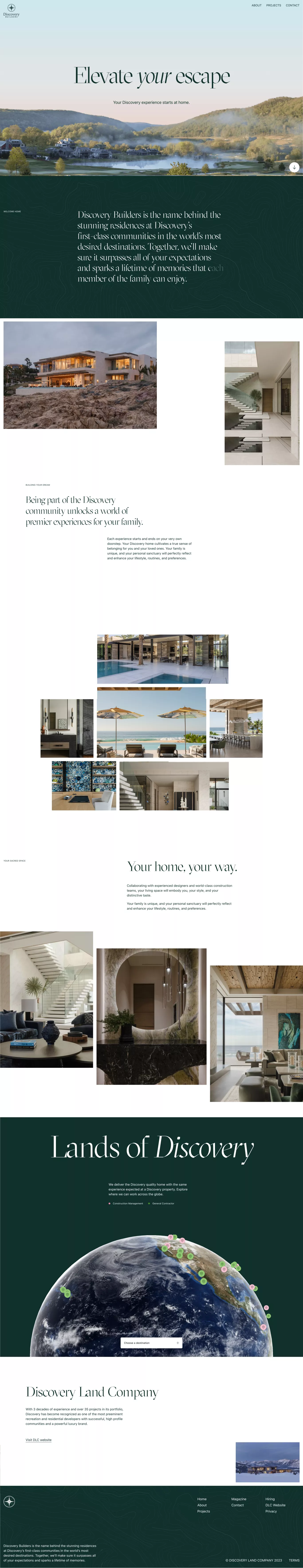 Discovery Builders portfolio page screenshot showcasing Travel and Furniture & Interiors design
