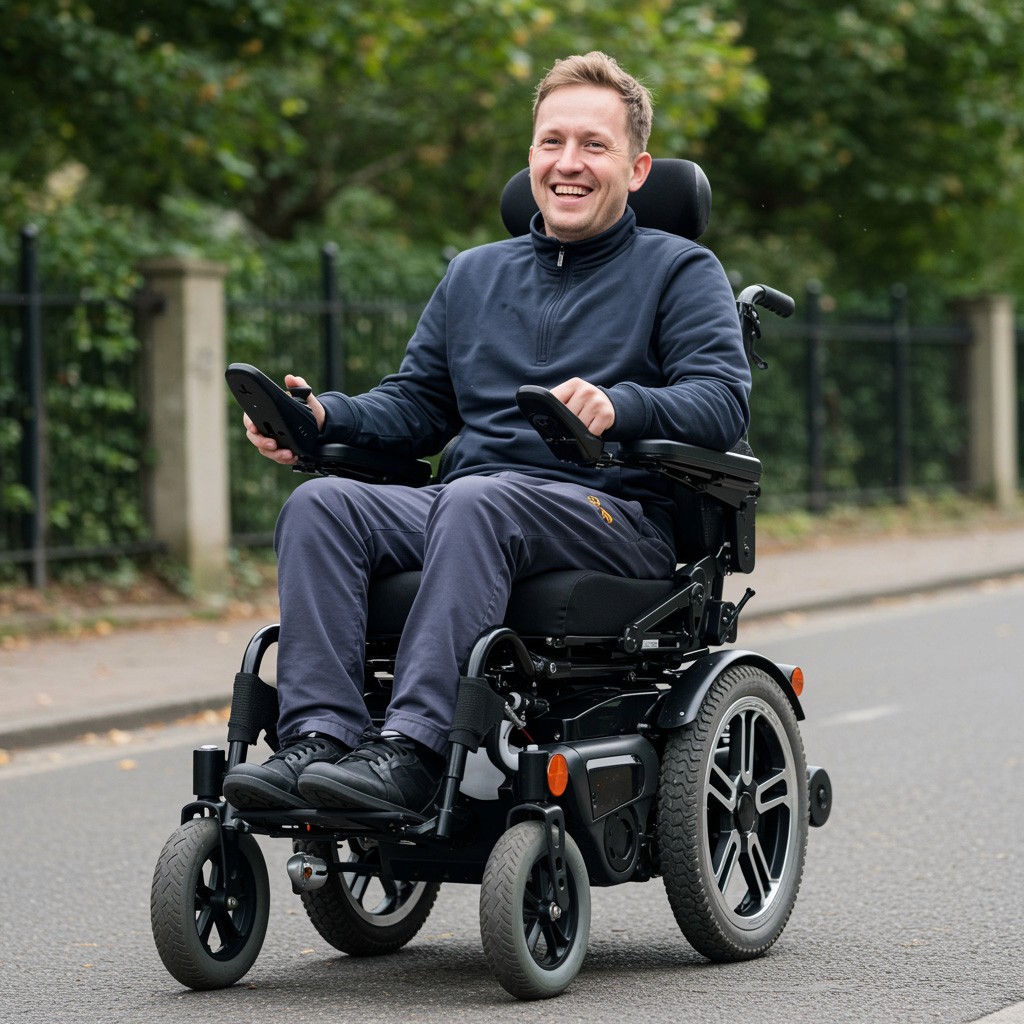 Smiling man in a navy sweater using a power wheelchair on a tree-lined street