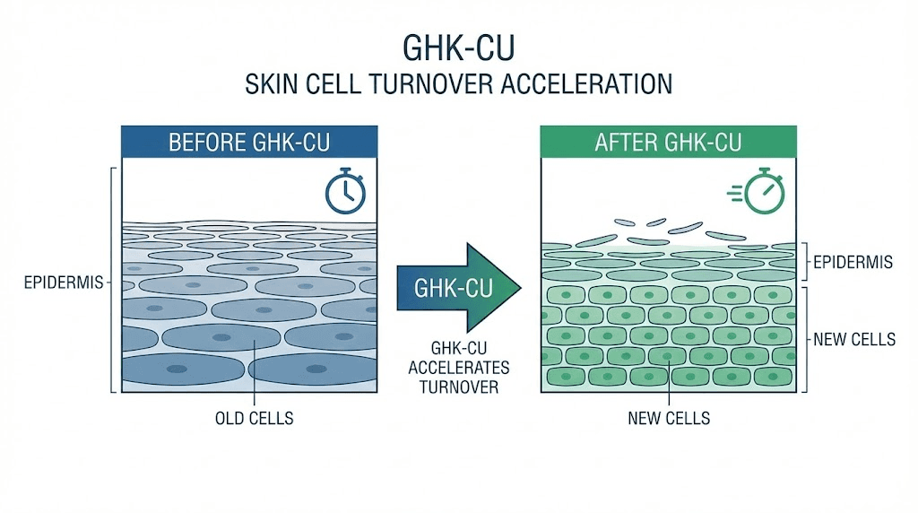GHK-CU accelerated skin cell turnover diagram showing purging process