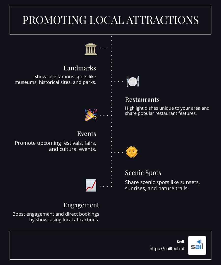 Promoting local attractions and events can significantly boost engagement and direct bookings for hotels. - instagram marketing for hotels infographic infographic-line-5-steps-dark