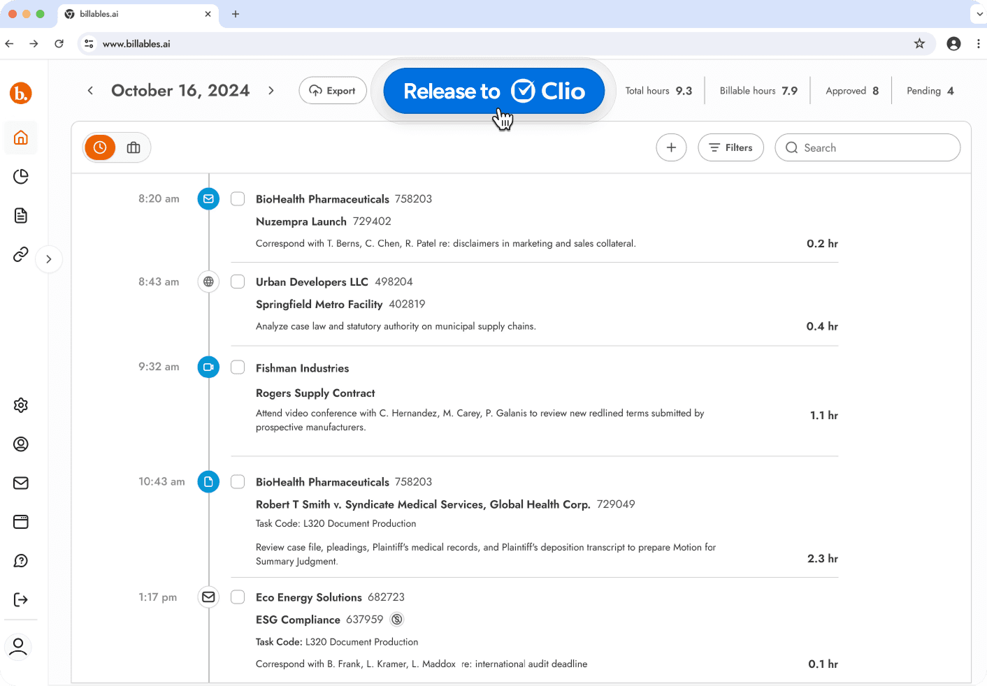 Billables product UI with release to clio button