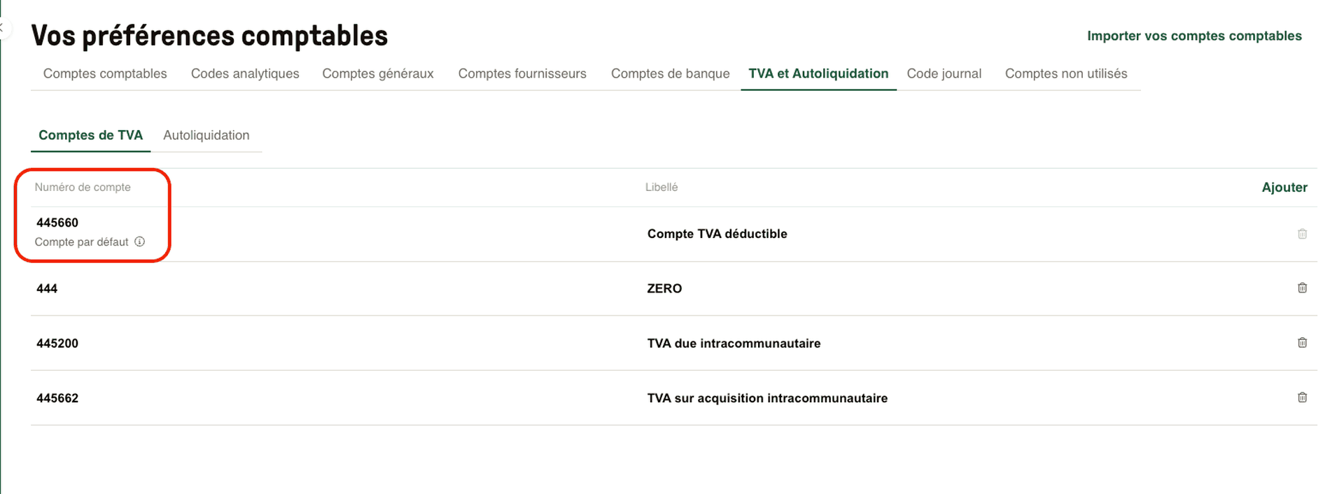 Attribuer un compte de TVA par défaut