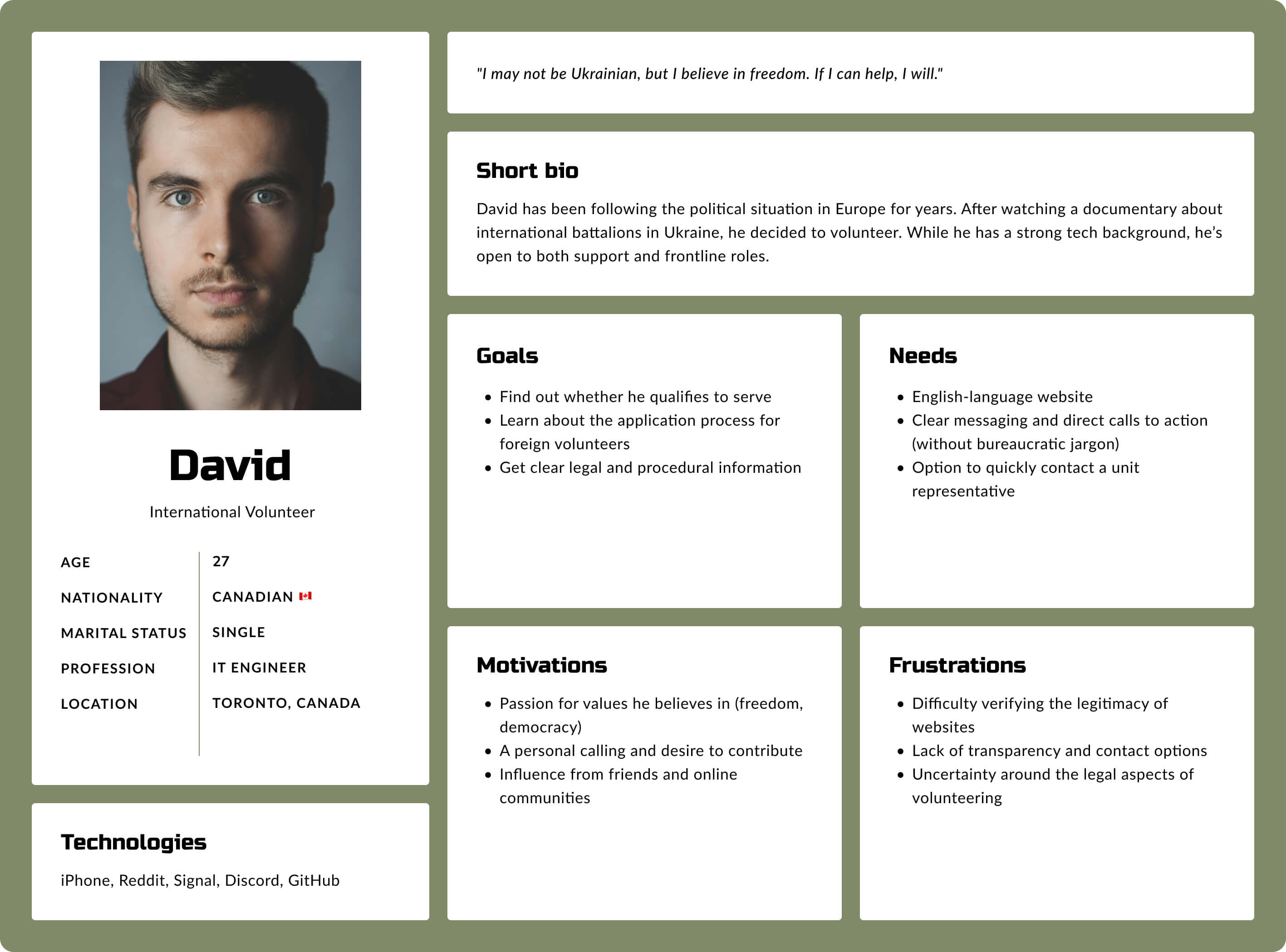 Persona profile of David, a 27-year-old Canadian IT engineer interested in volunteering for Ukraine's International Legion.