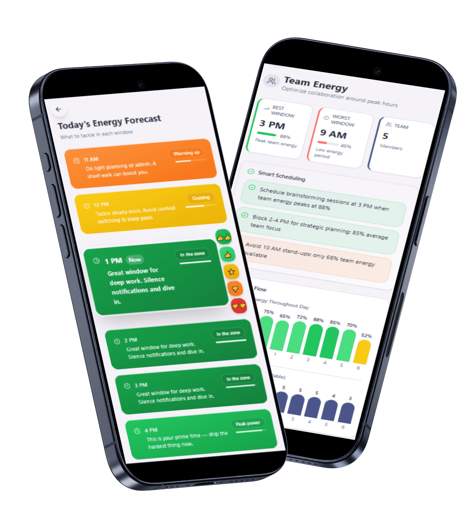 A demonstration of the Setup app on two phones, showing the energy tracking and personalized recommendations features.